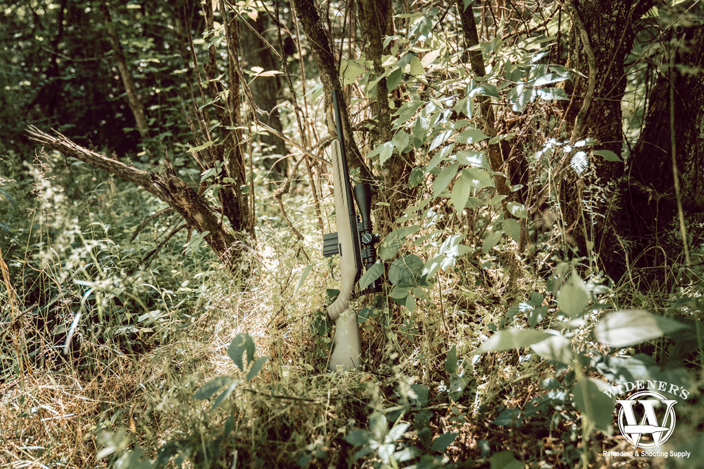 photo of a ruger american rifle chambered in 350 legend leaning against a tree